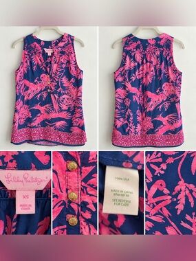 Lilly Pulitzer XS 100% Silk Pink Navy Tropical Sleeveless Top